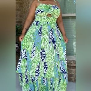 Green print spaghetti strap dress.